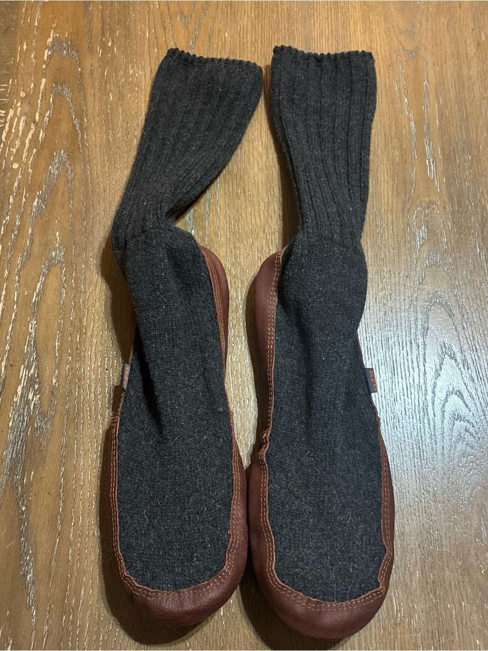 Acorn Dark Gray Wool Sock Slippers with Brown Leather Trim